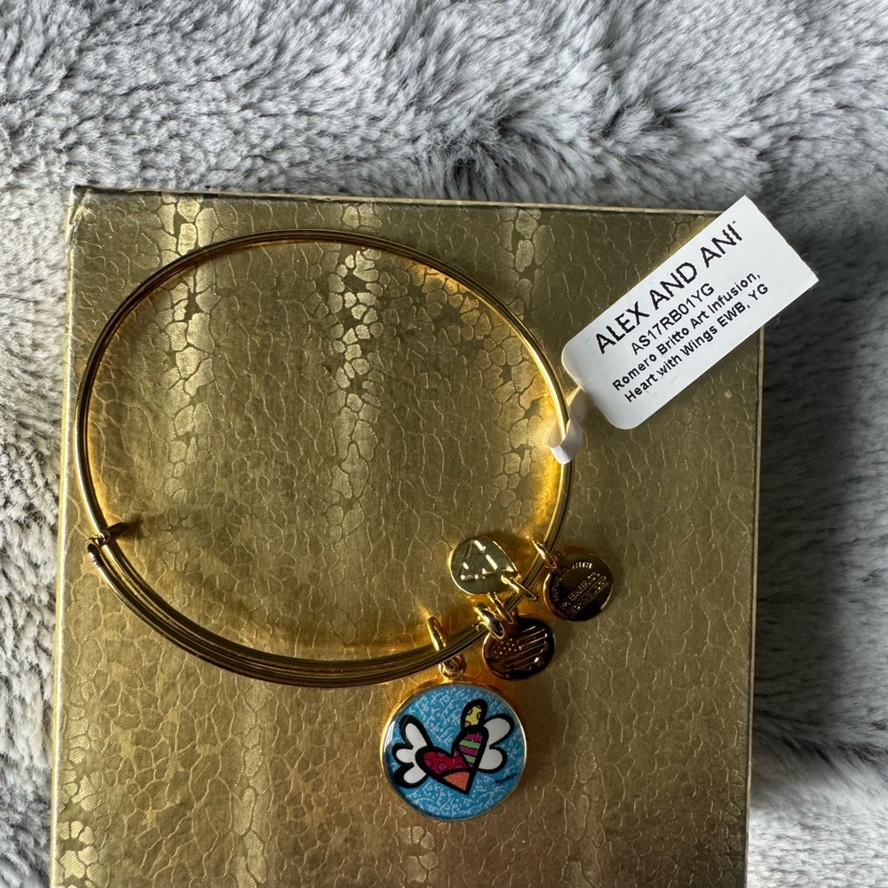 Alex and Ani x BRITTO Gold Tone Multicolor Heart with Wings Charm Bracelet